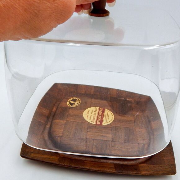 Weavewood Covered Cheese Tray With Clear Lid Handwoven Walnut MCM - Picture 10 of 11